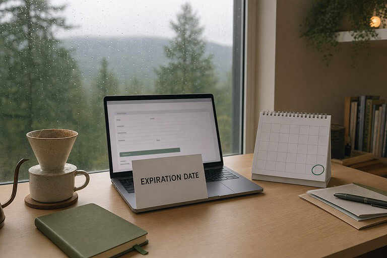 Rainy Seattle home office with a laptop, a calendar with the last day circled and a card reading Expiration Date