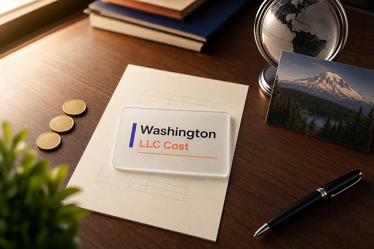 Frosted glass card reading Washington LLC Cost on a fee sheet, with gold coins and a Mount Rainier postcard