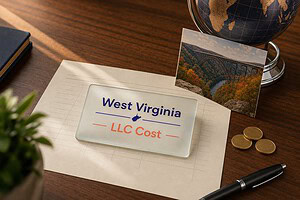 Frosted glass card reading West Virginia LLC Cost on a fee sheet, with gold coins and a New River Gorge postcard