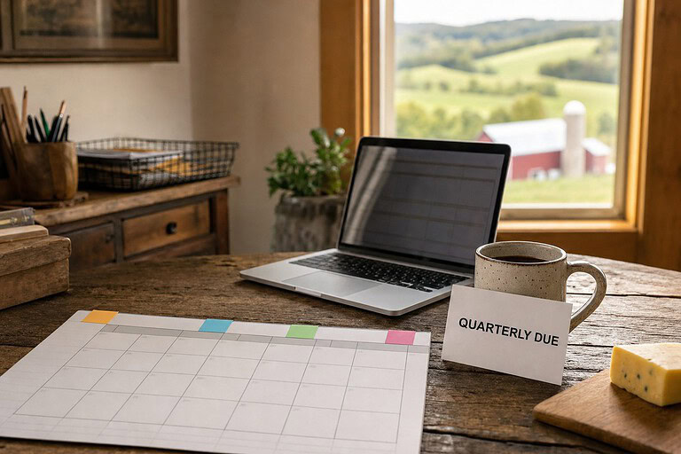 Wisconsin farmhouse office with a calendar marked by four quarter tabs and a card reading Quarterly Due