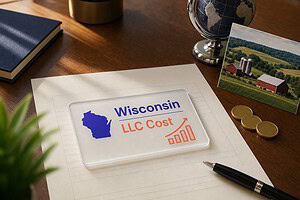 Frosted glass card reading Wisconsin LLC Cost on a fee sheet, with gold coins and a Wisconsin farmland postcard