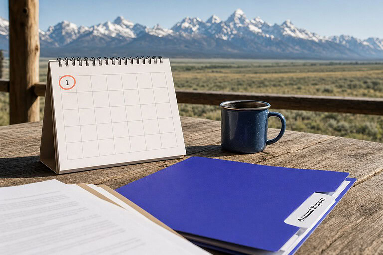 Ranch porch table below the Teton range with a calendar showing the 1st circled and an Annual Report folder, Wyoming LLC