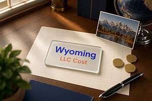 Frosted glass card reading Wyoming LLC Cost on a fee sheet, with gold coins and a Teton mountains postcard