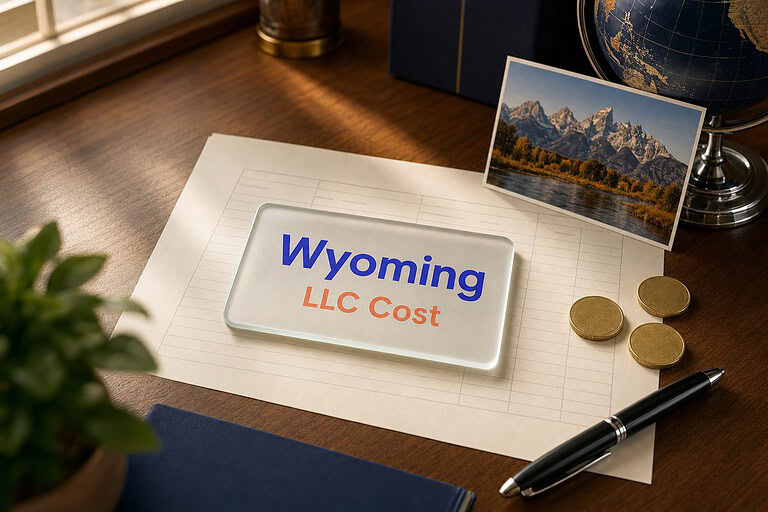 Frosted glass card reading Wyoming LLC Cost on a fee sheet, with gold coins and a Teton mountains postcard